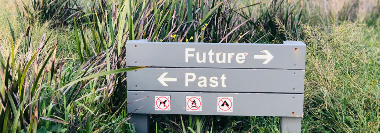 Schild mit Wegweiser in die Vergangenheit und Zukunft